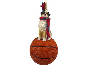 Brown Docked Australian Shepherd Dog on Basketball Christmas Ornament – Hand-Painted Stone Resin