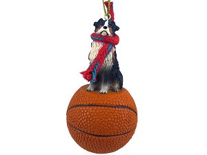 Tricolor, Docked Tail Australian Shepherd Dog on Basketball Christmas Ornament