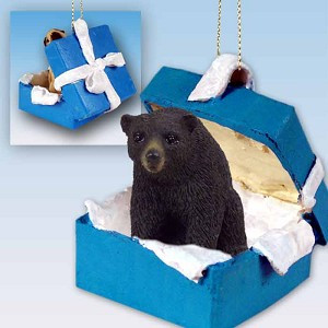 Black Bear in Blue Gift Box Christmas Ornament – Hand-Painted Stone Resin