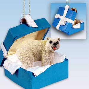 Blue Gift Box Polar Bear in Blue Gift Box Christmas Ornament – Hand-Painted Stone Resin
