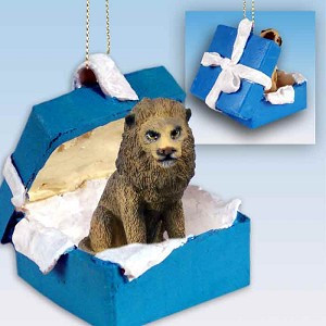 Gift Box Blue Lion in Blue Gift Box Christmas Ornament – Hand-Painted Stone Resin