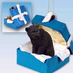 Blue Gift Box Panther in Blue Gift Box Christmas Ornament – Hand-Painted Stone Resin