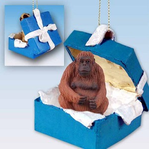 Orangutan in Blue Gift Box Christmas Ornament – Hand-Painted Stone Resin