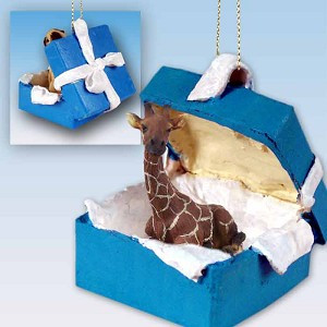 Giraffe in Blue Gift Box Christmas Ornament – Hand-Painted Stone Resin