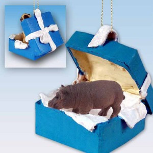 Blue Gift Box Hippopotamus in Blue Gift Box Christmas Ornament – Hand-Painted Stone Resin