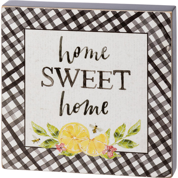 Lemon Bumblebee & Plaid Design Home Sweet Home Decorative Wooden Block Sign Décor 5x5 from Primitives by Kathy