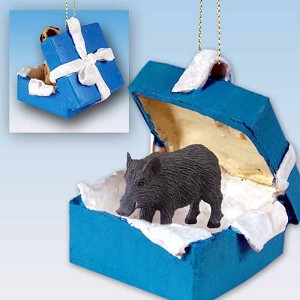 Razorback Hog in Blue Gift Box Christmas Ornament – Hand-Painted Stone Resin