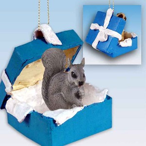 Gray Squirrel in Blue Gift Box Christmas Ornament – Hand-Painted Stone Resin