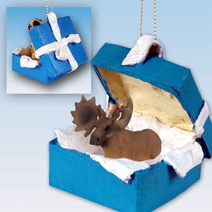 Blue Gift Box Bull Moose in Blue Gift Box Christmas Ornament – Hand-Painted Stone Resin