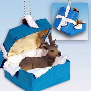 Bull Elk in Blue Gift Box Christmas Ornament – Hand-Painted Stone Resin
