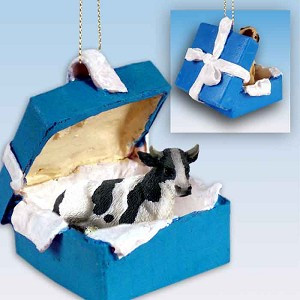 Holstein in Blue Gift Box Christmas Ornament – Hand-Painted Stone Resin