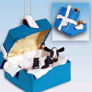 Holstein Cow in Blue Gift Box Christmas Ornament – Hand-Painted Stone Resin
