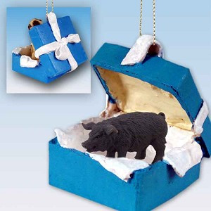 Black Pig in Blue Gift Box Christmas Ornament – Hand-Painted Stone Resin