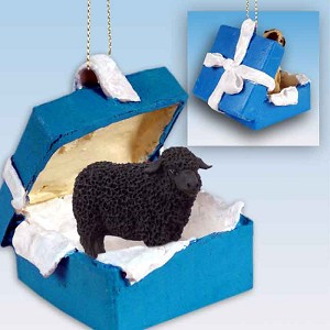 Black Sheep in Blue Gift Box Christmas Ornament – Hand-Painted Stone Resin