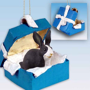 Black & White Rabbit in Blue Gift Box Christmas Ornament – Hand-Painted Stone Resin