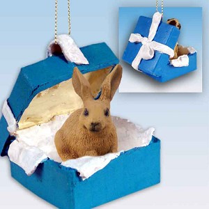 Brown Rabbit in Blue Gift Box Christmas Ornament – Hand-Painted Stone Resin