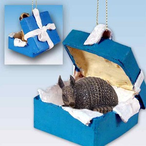 Armadillo in Blue Gift Box Christmas Ornament – Hand-Painted Stone Resin