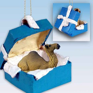 Blue Gift Box Dromedary Camel in Blue Gift Box Christmas Ornament – Hand-Painted Stone Resin