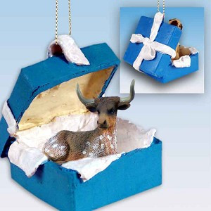 Longhorn Steer in Blue Gift Box Christmas Ornament – Hand-Painted Stone Resin