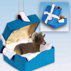 Blue Big Horn Sheep in Blue Gift Box Christmas Ornament – Hand-Painted Stone Resin