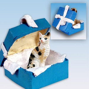 Tortoise & White Cornish Rex Cat in Blue Gift Box Christmas Ornament – Hand-Painted Stone Resin
