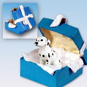 Dalmatian Dog in Blue Gift Box Christmas Ornament – Hand-Painted Stone Resin