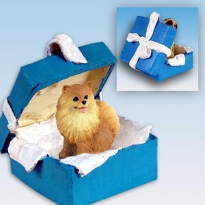 Red Pomeranian Dog in Blue Gift Box Christmas Ornament – Hand-Painted Stone Resin
