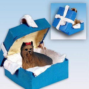 Yorkshire Terrier Dog in Blue Gift Box Christmas Ornament – Hand-Painted Stone Resin
