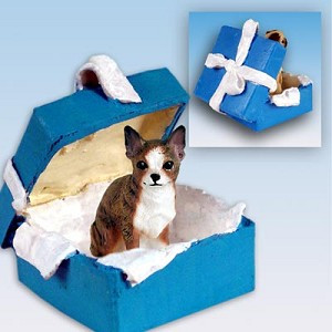 Brindle & White Chihuahua Dog in Blue Gift Box Christmas Ornament – Hand-Painted Stone Resin