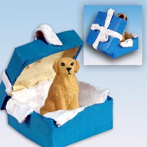 Golden Retriever Dog in Blue Gift Box Christmas Ornament – Hand-Painted Stone Resin
