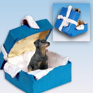 Black Uncropped Ears Doberman Pinscher Dog in Blue Gift Box Christmas Ornament