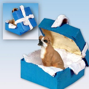Brown Uncropped Ears Boxer Dog in Blue Gift Box Christmas Ornament – Hand-Painted Stone Resin