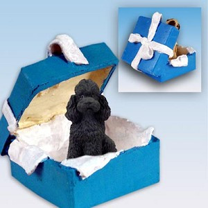 Black Sport Cut Poodle Dog in Blue Gift Box Christmas Ornament – Hand-Painted Stone Resin