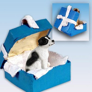 Black & White Smooth Coat Jack Russell Terrier Dog in Blue Gift Box Christmas Ornament