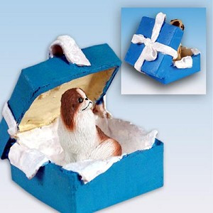 Red & White Japanese Chin Dog in Blue Gift Box Christmas Ornament – Hand-Painted Stone Resin