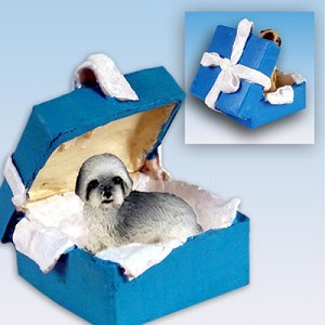 Gray Sport Cut Lhasa Apso Dog in Blue Gift Box Christmas Ornament – Hand-Painted Stone Resin