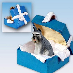 Gray Schnauzer Dog in Blue Gift Box Christmas Ornament – Hand-Painted Stone Resin