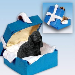 Black Cocker Spaniel Dog in Blue Gift Box Christmas Ornament – Hand-Painted Stone Resin