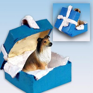 Sable Collie Dog in Blue Gift Box Christmas Ornament – Hand-Painted Stone Resin