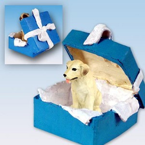 Yellow Labrador Retriever Dog in Blue Gift Box Christmas Ornament – Hand-Painted Stone Resin