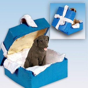 Chocolate Labrador Retriever Dog in Blue Gift Box Christmas Ornament – Hand-Painted Stone Resin