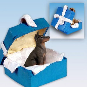 Red, Cropped Ears Doberman Pinscher Dog in Blue Gift Box Christmas Ornament