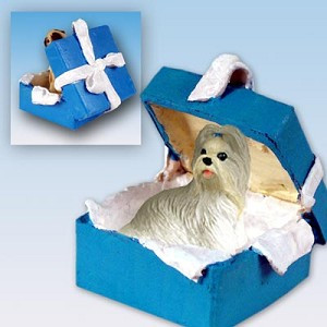 Mixed Color Shih Tzu Dog in Blue Gift Box Christmas Ornament – Hand-Painted Stone Resin