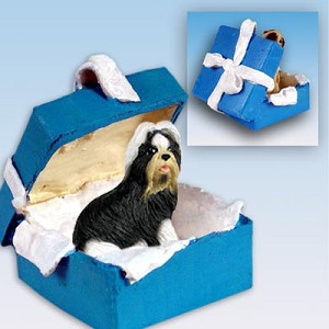Black & White Shih Tzu Dog in Blue Gift Box Christmas Ornament – Hand-Painted Stone Resin