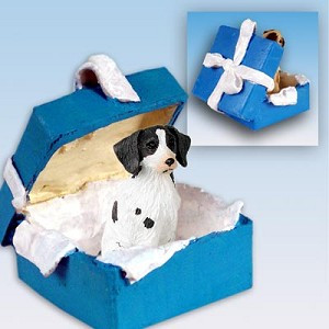 Liver & White Brittany Dog in Blue Gift Box Christmas Ornament – Hand-Painted Stone Resin