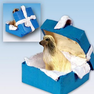 Tan & White Afghan Hound Dog in Blue Gift Box Christmas Ornament – Hand-Painted Stone Resin