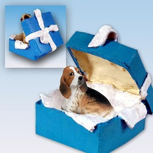 Blue Basset Hound Dog in Blue Gift Box Christmas Ornament – Hand-Painted Stone Resin