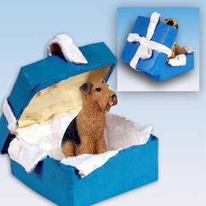 Blue Gift Box Airedale Dog in Blue Gift Box Christmas Ornament – Hand-Painted Stone Resin
