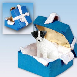 Black & White Rough Coat Jack Russell Terrier Dog in Blue Gift Box Christmas Ornament