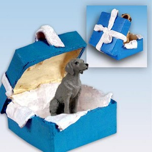 Blue Gift Box Weimaraner Dog in Blue Gift Box Christmas Ornament – Hand-Painted Stone Resin